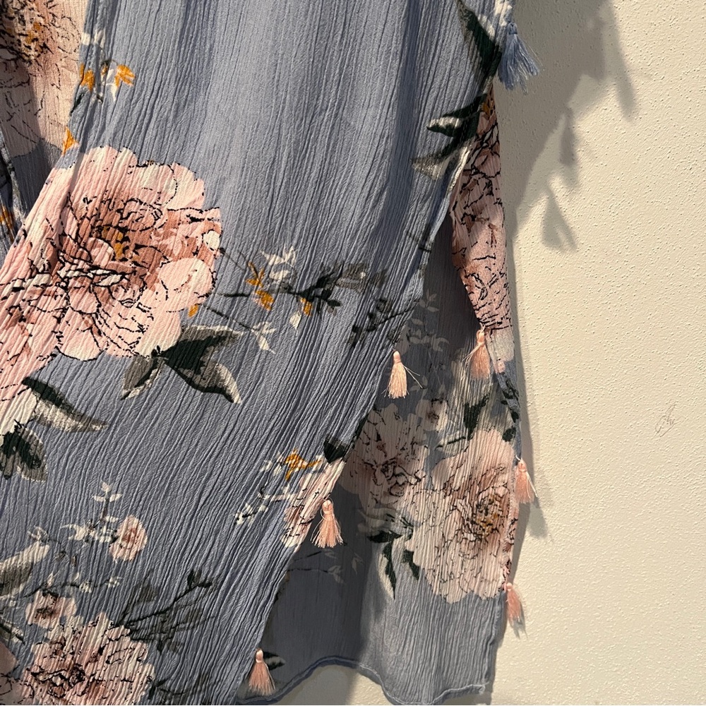 Lightweight Floral Open Front Caftan Tassels Coverup - Picture 5 of 7